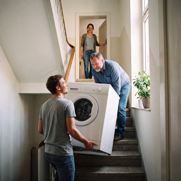 Zwei Nachbarn tragen eine Waschmaschine die Treppe hinauf, oben wartet eine Frau in der Wohnungstür.