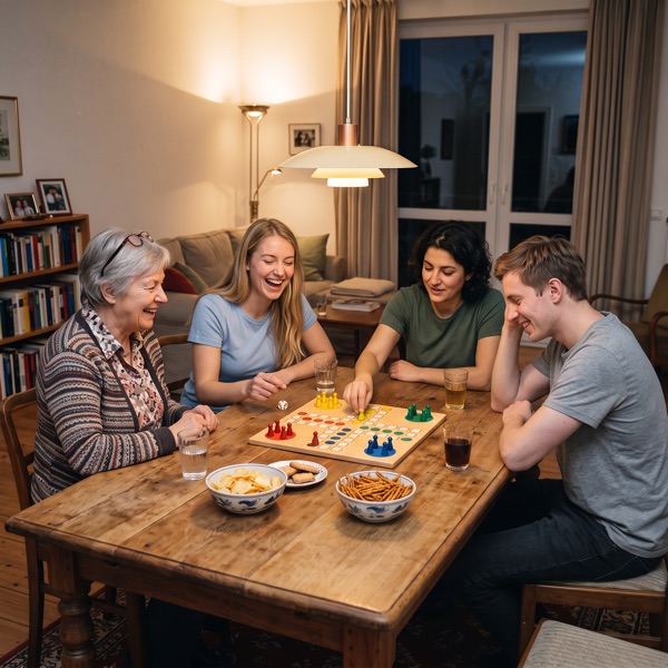 Vier Nachbarn spielen ein Brettspiel an einem Wohnzimmertisch.
