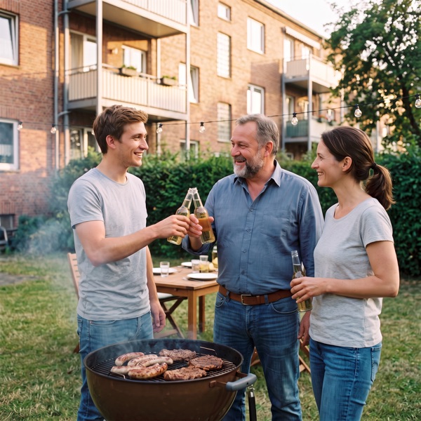 Drei Nachbarn stoßen bei einem Grillabend im Hinterhof miteinander an.